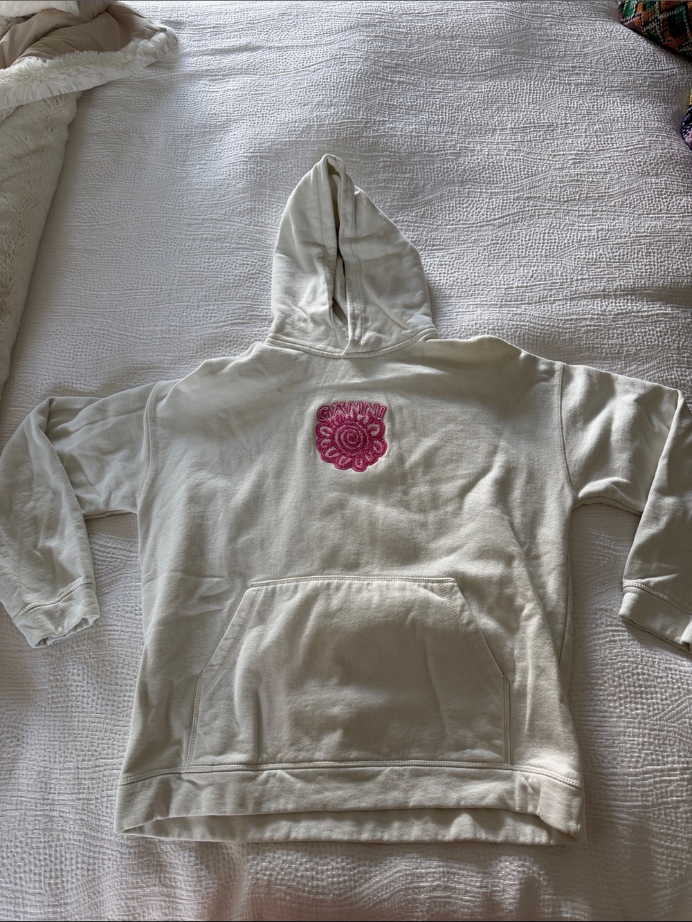 Ganni Cream Hoodie with Black Logo Tag